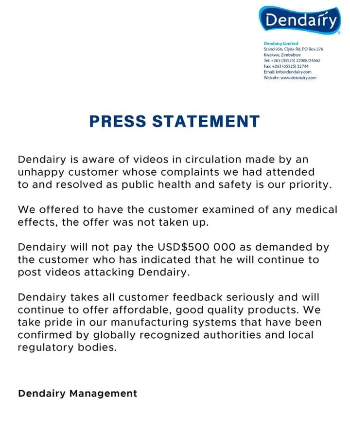 Dendairy press statement